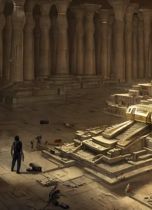 Prompt: sci fi robot repairshop inside of an egyptian temple, james gurney, katsuhiro otomo, james paick, cinematic lighting, artstation, craig mullins, greg rutkowski, pete morbacher, tuomas korpi, volumetric light, artstation, octane render, redshift render, low angle camera, intricate, 8 k -