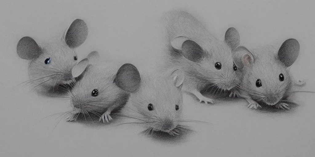 Image similar to a beautiful pencil drawing of exactly three!!!!! cartoon mice; masterpiece; extremely highly detailed; ultra-realistic; trending on artstation