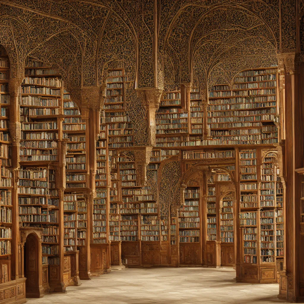 Prompt: grand library, library shelves with overgrown ivy plants, piles of books, scrolls, ancient, old world, ultradetailed photorealistic, alhambra inspired muslim architecture