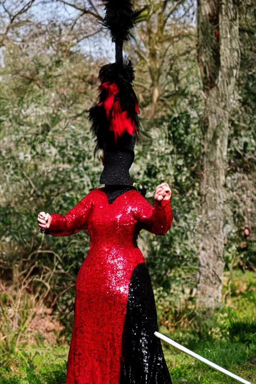 Image similar to Lord Licorice in a red and black sequins gown holding a peppermint sword