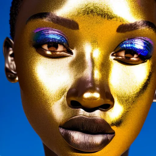 Prompt: portrait of metallic face, african woman, iridescent color reflections, proud looking, outdoor, blue sky, 8 k, realistic, depth of field, highly detailed, art photography