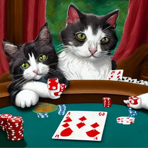 Prompt: Cats and Dogs playing poker