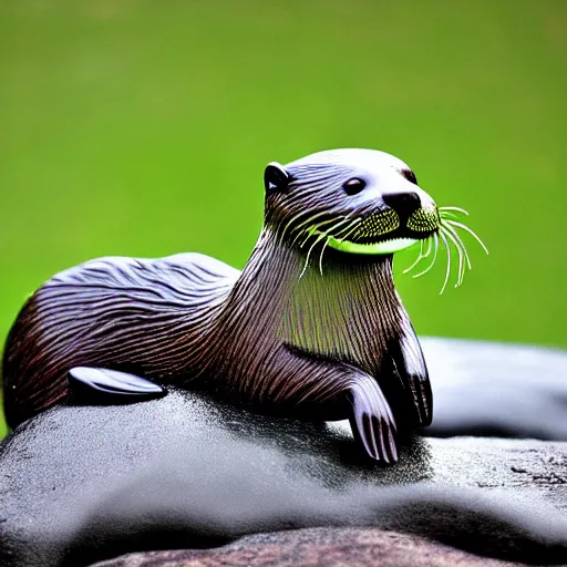 Prompt: a wet otter sitting on a rock in the grass, a tilt shift photo by brenda chamberlain, featured on flickr, furry art, creative commons attribution, sharp focus, sabattier filter