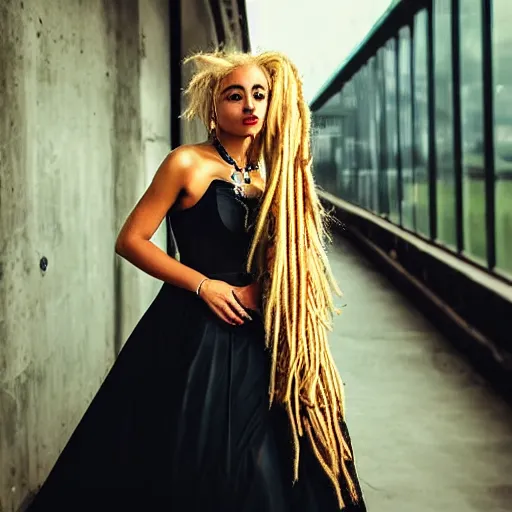 Prompt: instagram photography flawless young beautiful female with blonde and red dreadlocks in a black ballgown, dark, piercing clear eyes, symmetrical golden ration exotic stoic expression, photorealistic, highly detailed, mysterious lighting, smooth, sharp focus, 8 0 mm camera