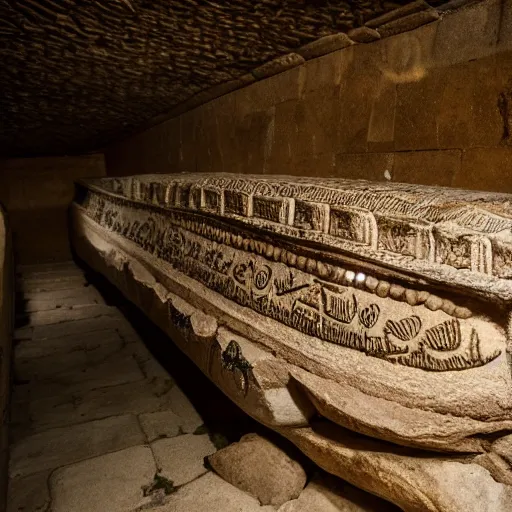 Prompt: an ornate sarcophagus inside a vast egyptian catacomb, national geographic, photography, fancy, ornate, sarcophagus