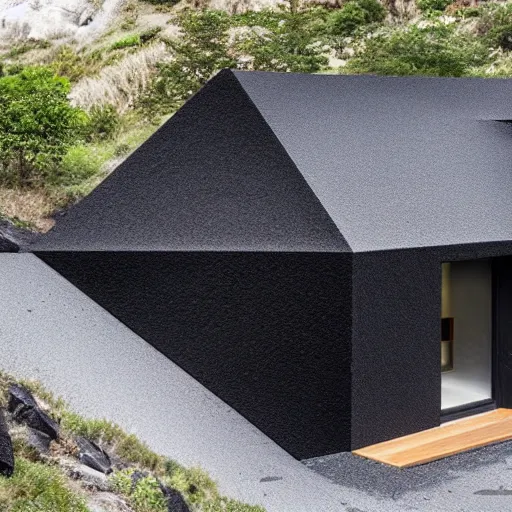 Image similar to tall black geometric house, embedded in lava cliff, full view, black house, molten metal house, minimal design, highly detailed