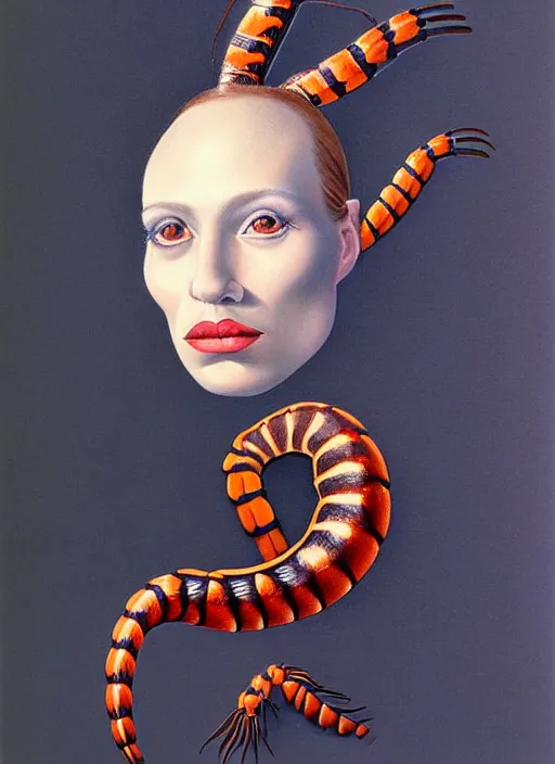 Image similar to beautiful matte airbrush portrait of a scolopendra on a white background, 8 0's airbrush aesthetic, art by pater sato