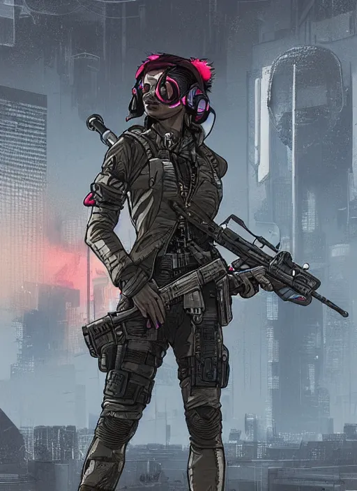 Image similar to Dangerous Mio. beautiful female Japanese cyberpunk mercenary wearing a cyberpunk tactical headset and military vest. Attractive face. Realistic Proportions. Concept art by James Gurney and Laurie Greasley. Moody Industrial skyline. ArtstationHQ. Creative character design for cyberpunk 2077.