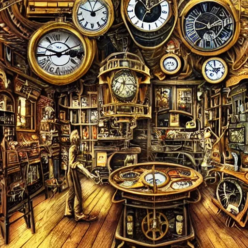 Image similar to interior of a steampunk clock shop, father time tinkering, old grandfather clocks everywhere, realistic, very intricate hyper detailed collage on paper