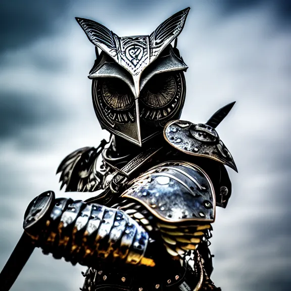 Image similar to photo of a warrior with metal owl theme armour, 4 k, hdr, smooth, sharp focus, high resolution, award - winning photo