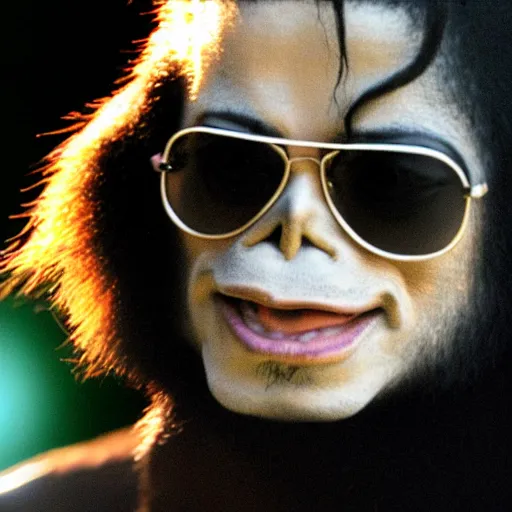 Image similar to michael jackson 2 0 0 9 wearing shades, alone, this is it style, photo real, pores, motion blur, sitting with bubbles the chimp window open, real life, spotted, ultra realistic face, accurate, 4 k, movie still, uhd, sharp, detailed, cinematic, render, modern