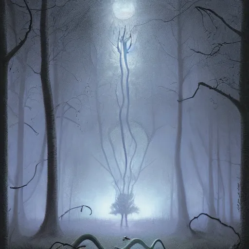 Prompt: a goodra pokemon as a cryptid in a dark ominous forest, foggy, dim lighting, artwork by andrew ferez