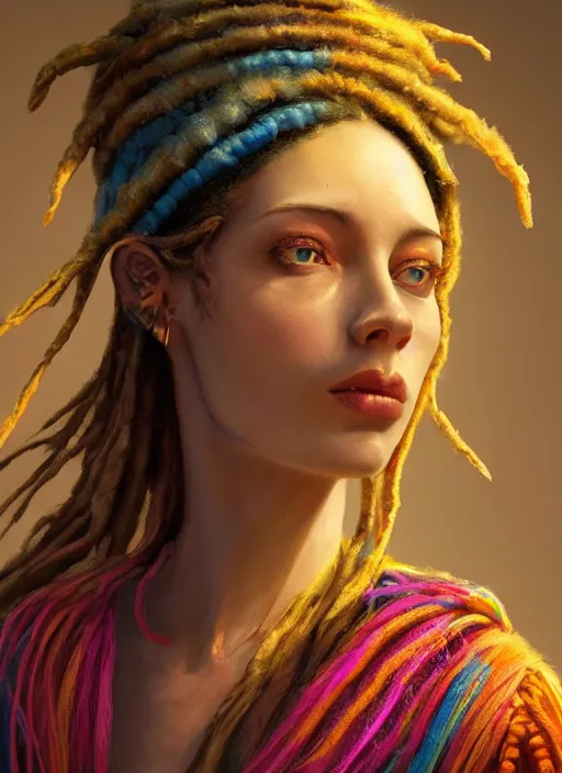 Image similar to an anthropomorphic beautiful goddess female wizard portrait holding rifle wearing colourful robe, colourful dreadlock breed hair, fine art, award winning, intricate, elegant, sharp focus, octane render, hyperrealistic, cinematic lighting, highly detailed, digital painting, 8 k concept art, art by jamie hewlett masterpiece, trending on artstation, 8 k