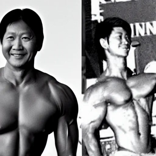 Image similar to BongBong Marcos as a bodybuilder in a gym flexing his huge muscles