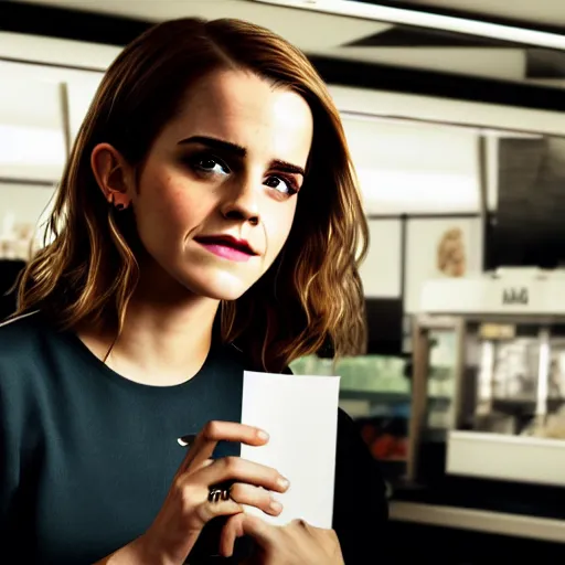 Image similar to emma watson as a mcdonald ’ s cashier, portrait, close up, shallow depth of field, award winning,