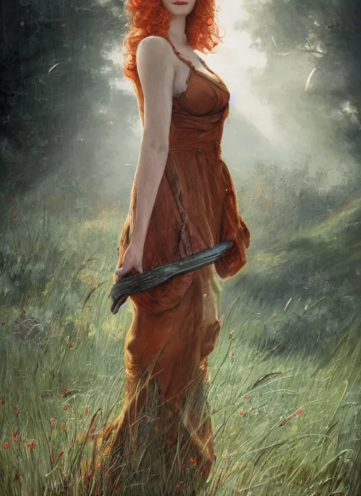 Prompt: Christina Hendricks taking a rest in a meadow after an long adventure, a ruggedly muscled handsome heroine, intricate, elegant, highly detailed, centered, digital painting, artstation, concept art, smooth, sharp focus, illustration, artgerm, donato giancola, Joseph Christian Leyendecker, WLOP, Artgerm, thunder storm