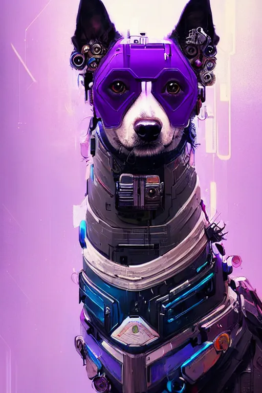 Prompt: a beautiful portrait of a cute cyberpunk dog by sandra chevrier and, greg rutkowski and wlop, purple blue color scheme, high key lighting, volumetric light, digital art, highly detailed, fine detail, intricate, ornate, complex, octane render, unreal engine, photorealistic