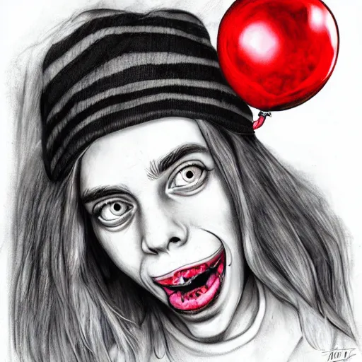 Image similar to surrealism grunge cartoon portrait sketch of billie eilish with a wide smile and a red balloon by - michael karcz, loony toons style, dr seuss style, horror theme, detailed, elegant, intricate