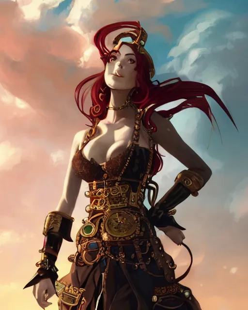 Image similar to a beautiful 2D illustration of a young female steampunk pirate wearing leather armor on gold and red trimmings on green, by Charlie Bowater, tom bagshaw, Artgerm and Lois Van Baarle, very cool pose, pirate ship with an epic sky background, slightly smiling, cinematic anime lighting and composition, fantasy painting, very detailed, ornate, trending on artstation and pinterest, deviantart, google images