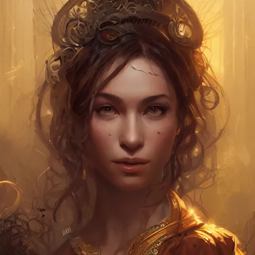 Prompt: a portrait of a younger terri alden as a sorceress, urban motifs, intricate, elegant, highly detailed, digital painting, trending on artstation, concept art, smooth sharp focus, illustration, art by artgerm and greg rutkowski