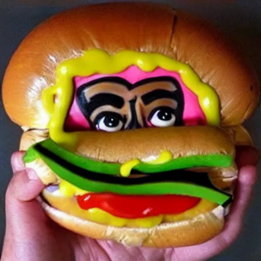 Image similar to a hotdog with the face of snoop dogg inside it