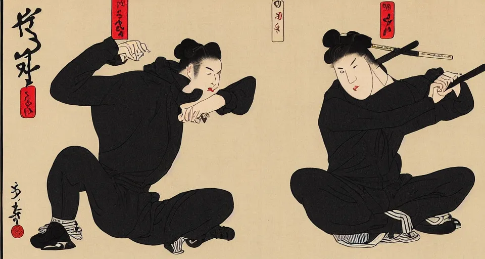 Image similar to Ukiyo-e art of squatting man in black Adidas tracksuit