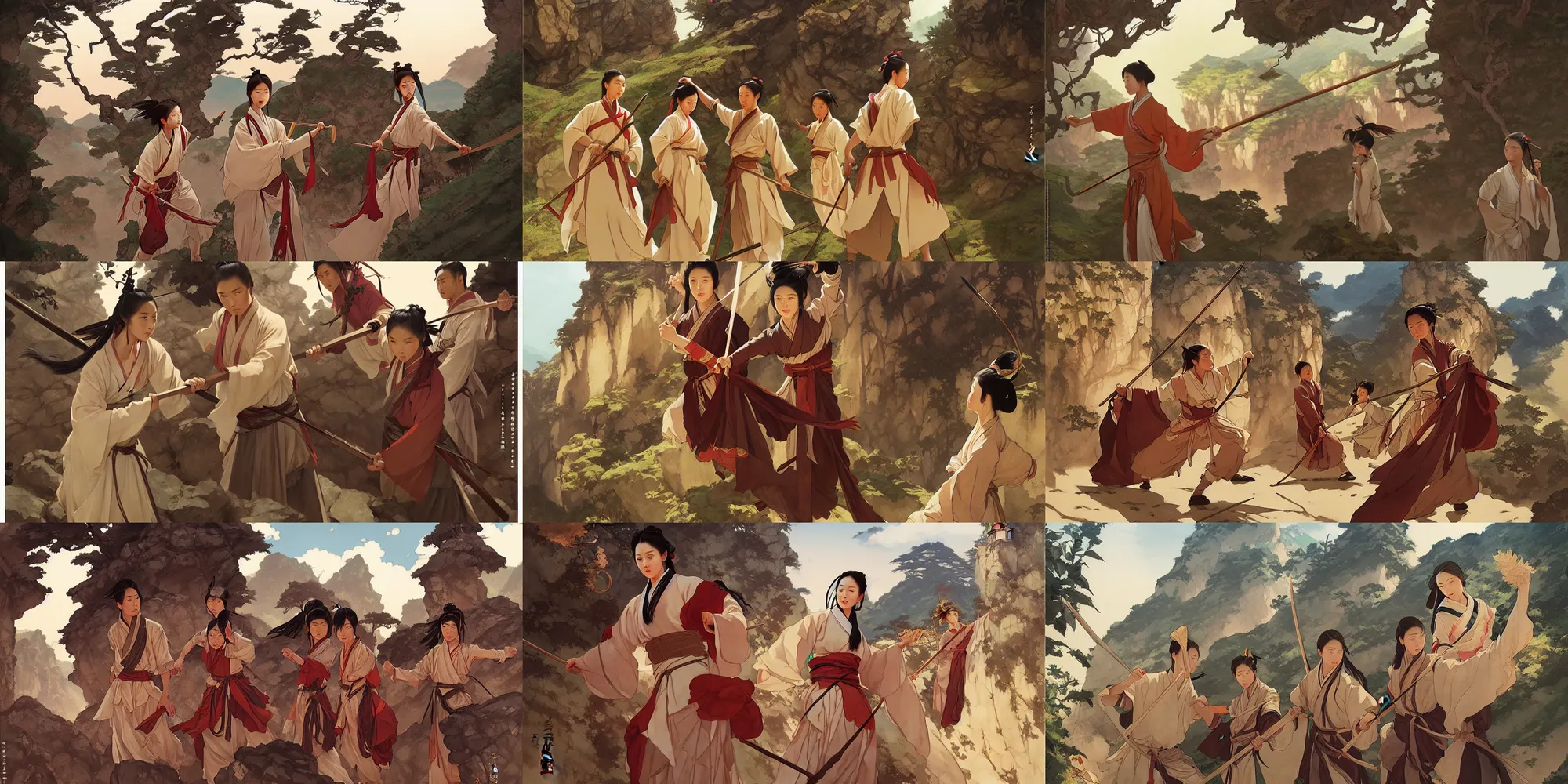 Prompt: wuxia, village in the mountain, in the style of studio ghibli, j. c. leyendecker, greg rutkowski, artem