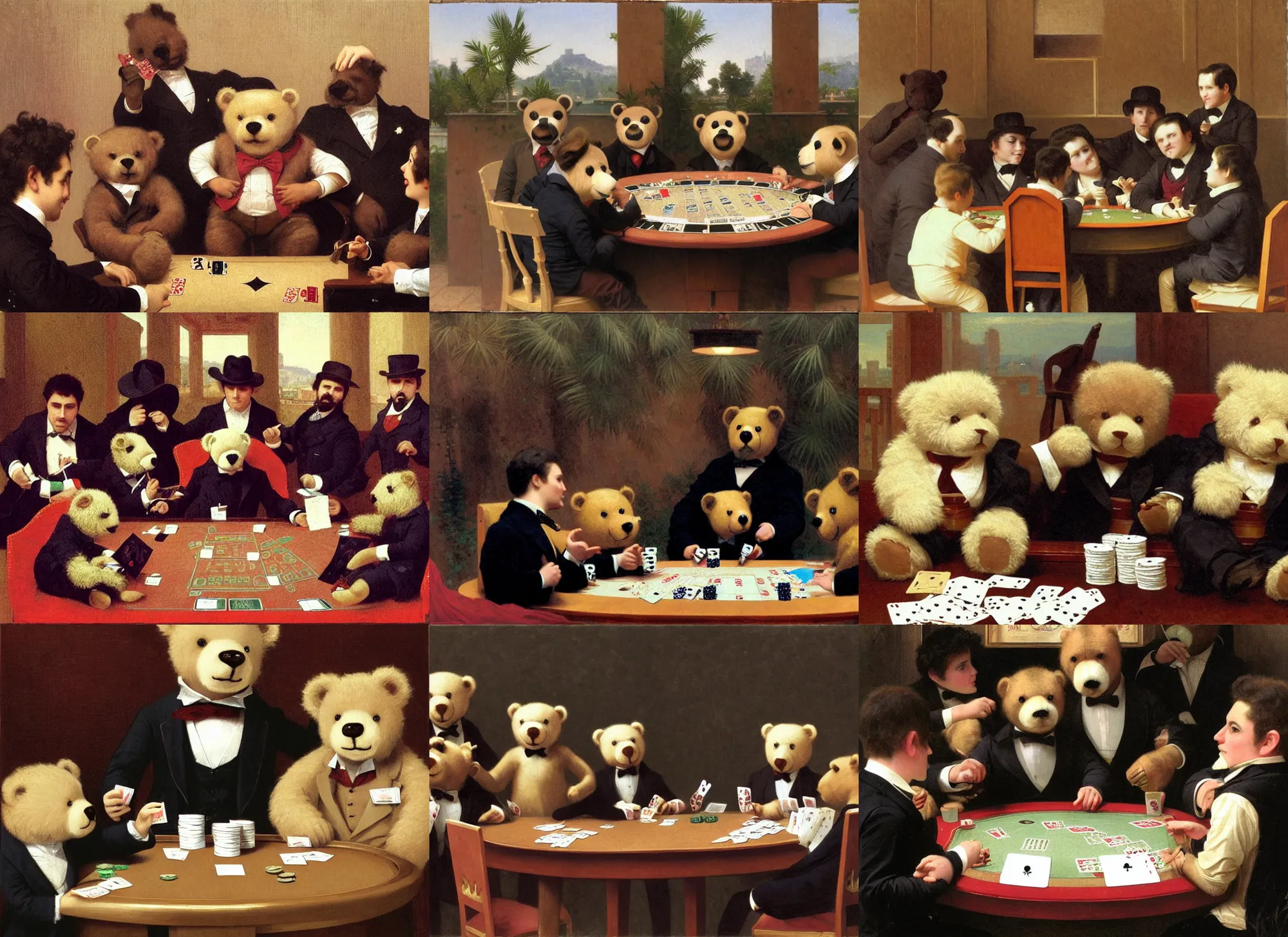 Prompt: teddy bears wearing suits, playing poker in a fancy casino in the style of william - adolphe bouguereau