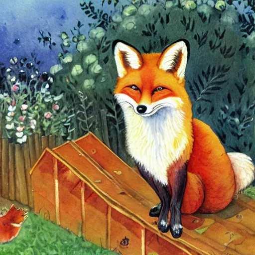 Image similar to a smug red fox in front of a hen house, watercolor illustration by Louis William Wain,