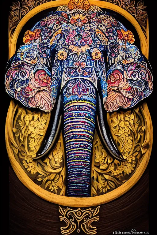 Image similar to Painted dark-wood panel relief carving of a close up of a Flowerpunk Matriarch Elephant, ornate border frame, explosion of colorful flowers, dark wood, intricately carved, black ink, festival of rich colors, intricate details, cinematic lighting, volumetric lighting, post-processing, art nouveau, tarot, fractal art, mandala, by andreas rocha and john howe, and Martin Johnson Heade, featured on artstation, featured on behance, golden ratio, hyper detailed, photorealistic, epic composition, center spotlight, f32, well composed, symmetrical, UE5, 8k