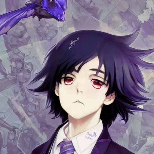 Image similar to small boy with black hair and blue purple eye, school uniform, anime style, hyper detailed, illustration, digital painting, art by artgerm and greg rutkowski and alphonse mucha, high delicate defined details, anime stylized, highly detailed, realistic, sharp focus