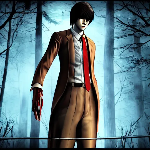 Prompt: Screenshot of Light Yagami in Dead By Daylight character selection screen