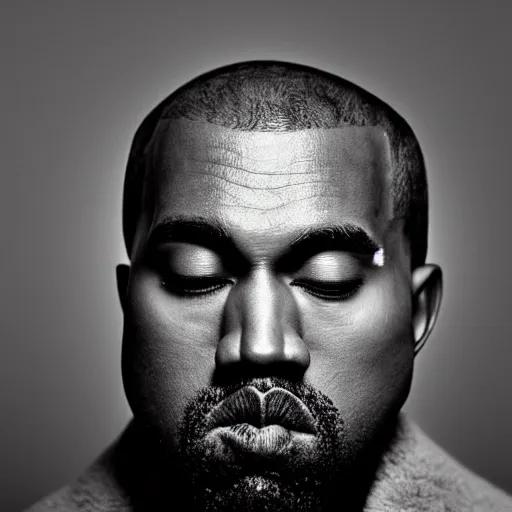 Image similar to Portrait studio photograph of Kanye West with a anthropomorphic teddy bear, close up, shallow depth of field, in the style of Felice Beato, Noir film still, 40mm