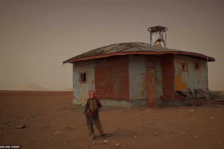 Prompt: an old rickety Soviet village house stands alone on Mars next to which a local resident stands and waves his hand, colourful