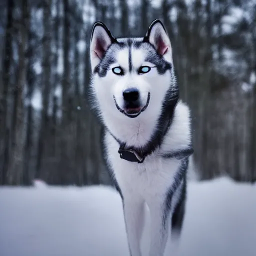 Image similar to 4 k photograph of slenderman husky dog