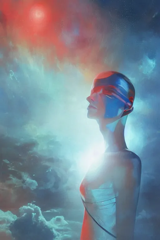 Image similar to 3 d, sci - fi, sun, sleepy fashion model face, sun, cinematic, lightning clouds, vogue cover style, stanley kubrick, light red and deep blue mood, realistic painting, intricate oil painting, high detail, figurative art, multiple exposure, poster art, 3 d, by tooth wu and wlop and beeple and greg rutkowski