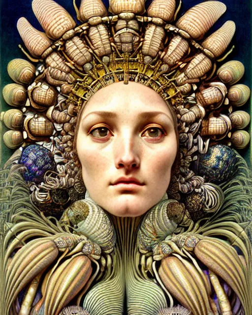 Image similar to hyperrealistic detailed face portrait of the beautiful goddess of the giant isopods with an intricate golden ornamental geometrical fractal giant isopod headdress, art by ernst haeckel, john william godward, android jones, alphonso mucha, h. r. giger, gothic - cyberpunk, ornamental, dimmed pastel colours,