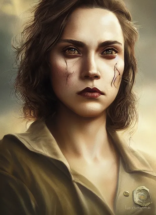 Image similar to a portrait one person, female sheriff, big eyes, plump lips, detailed faces, beautiful, rich deep colours masterpiece, golden hour, sharp focus, ultra detailed, by leesha hannigan, ross tran, thierry doizon, kai carpenter, ignacio fernandez rios