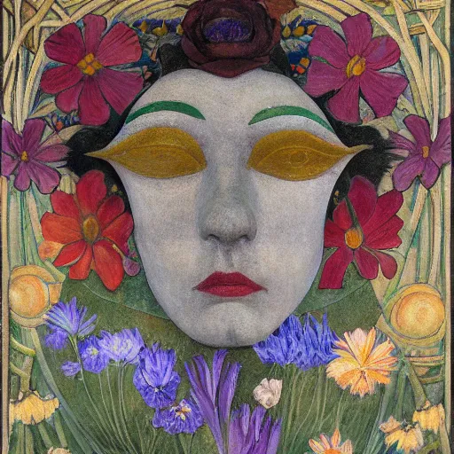 Image similar to facemask made of flowers, by annie swynnerton and jean delville and rufino tamayo and edward hopper and evelyn de morgan, art deco flower shaman, art brut, outsider art, symbolist, dramatic lighting, god rays, elaborate geometric ornament, clean crisp graphics, smooth sharp focus, extremely detailed, adolf wolfli