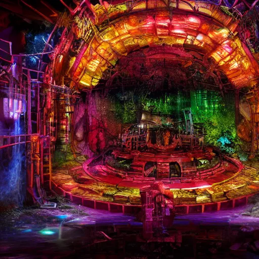 Prompt: glowing translucent theater stage in las pozas, cyberpunk, dark room, science fiction magazine, cut out collage, 4 k close up, wide angle