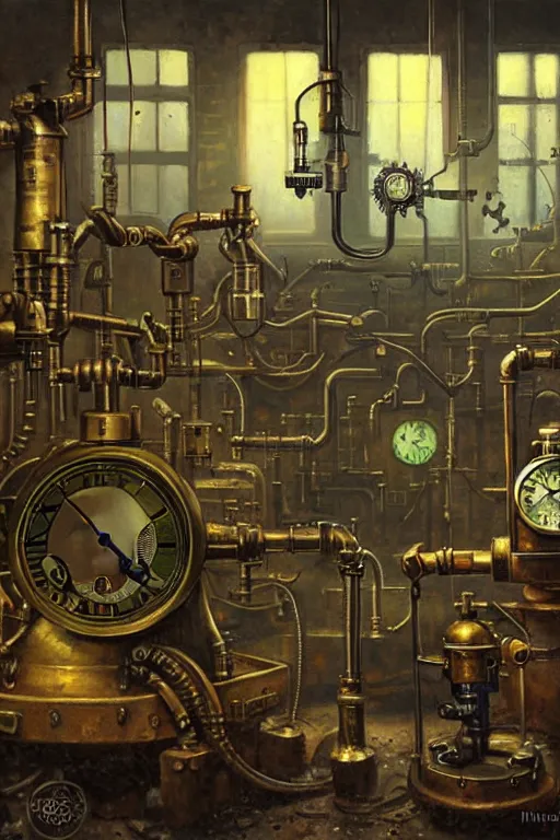 Prompt: classic oil painting, dangerous steampunk valve machines with clocks, as a dnd cover illustration, inside of an abandoned lab, ominous, concept art, extremely detailed, smooth, sharp focus, art by brothers hildebrandt