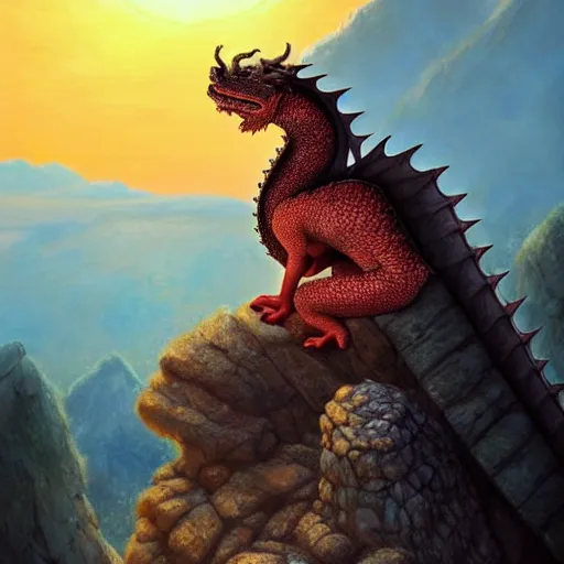 Prompt: an old wise dragon resting on a mountain looking at the sunset, portrait, fantasy, beautiful face, vivid colors, elegant, concept art, sharp focus, digital art, hyper - realistic, 4 k, unreal engine, highly detailed, hd, dramatic lighting by brom, trending on artstation