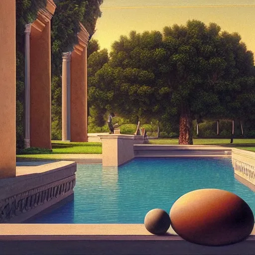 Prompt: David Ligare masterpiece, neon sign, hyperrealistic surrealism, award winning masterpiece with incredible details, beautiful lighting, pool caustics, illuminated orbs, epic stunning, infinity pool, a surreal vaporwave liminal space, highly detailed, trending on ArtStation, broken giant marble head statue ruins, calming, meditative, geometric liminal space, palm trees, very vaporwave, very very surreal, sharp details