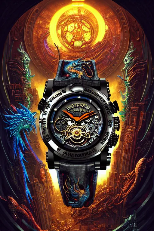 Prompt: intricate cyberpunk dragon chronograph tourbillon clocks james gurney, dan luvisi, Petros Afshar, tim hildebrandt, liam wong, Mark Riddick, thomas kinkade, ernst haeckel, dan mumford, trending on artstation, josephine wall, WLOP, cgsociety by Gediminas Pranckevicius, trending on cgsociety and DeviantArt