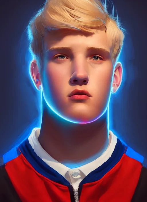 Image similar to portrait of high school senior boy named big moose, blonde short hair, jock, beefy, wide face, square jaw, square facial structure, blue varsity jacket with letter r, intricate, elegant, glowing lights, highly detailed, digital painting, artstation, concept art, sharp focus, illustration, art by wlop, mars ravelo and greg rutkowski