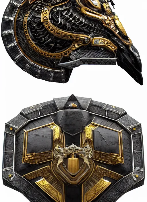 Image similar to hyper realistic glorious ancient shield in a obsidian metal armor, futuristic design, designed by makoto kobayashi and luca zampriolo, cyberpunk style, wood and gold details, intricate, extremely detailed, ornate, deep of field, hard surface, exoskeleton, substance designer metal unreal engine. amazing likeness. very detailed.