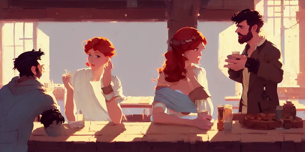 Image similar to scene of brunette man with a beautiful ginger woman talking in a tavern by atey ghailan, by greg rutkowski, by greg tocchini, by james gilleard, by joe fenton, by kaethe butcher, dynamic lighting, gradient light blue, brown, blonde cream and white color scheme, grunge aesthetic