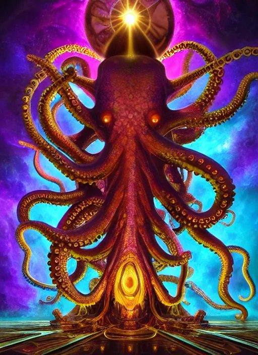 Image similar to octopus god within the whole infinite time capsule apparent with awe the apparition, an idea drips into infinite spirals, highly detailed in volumetric latent space, golden turquoise purple futuristic steampunk, galaxy mandalas mandelbrot high contrast cinematic light, mystical shadows, visionary art sharp focus, divine realm of gods, octane render, artist by boris vallejo,