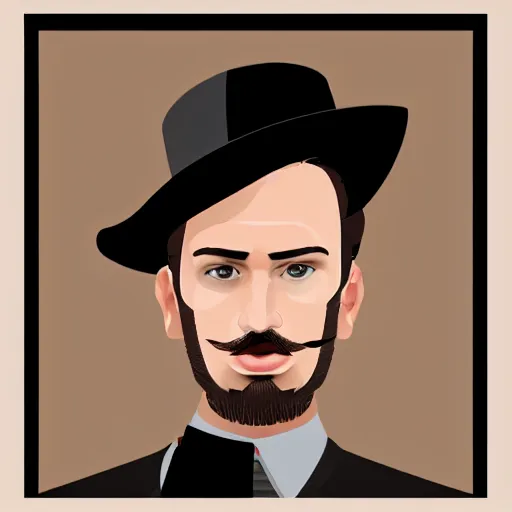 Image similar to Portrait of a man with brown hair and a brown mustache in black suit and black top hat, studio lighting, Sigma 85 mm f/1.4., digital painting, vector art, trending on artstation, sharp shadows