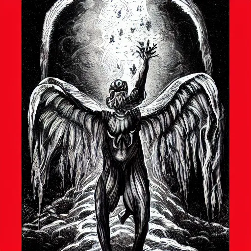 Image similar to gibbon descending from heaven, in the style of deathspell omega's fas album cover, illustration, detailed